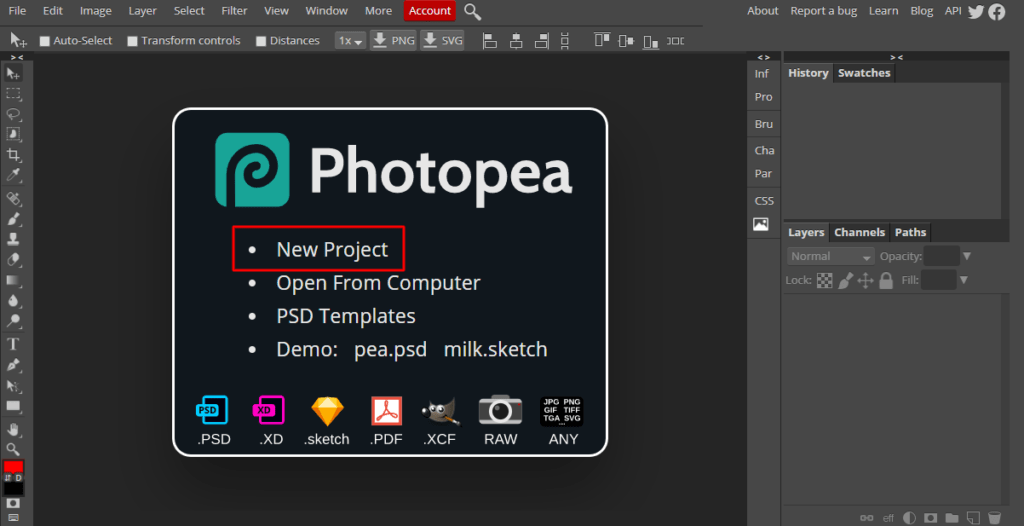 Photopea karşılama ekranı